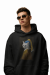 İnci Küpeli Kedi Baskılı Siyah Hoodie –  Unisex Kapüşonlu Sweatshirt