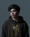İnci Küpeli Kedi Baskılı Siyah Hoodie –  Unisex Kapüşonlu Sweatshirt