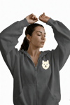 Kadın Beyaz Husky Baskılı Oversize Fermuarlı Hoodie
