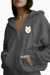 Kadın Beyaz Husky Baskılı Oversize Fermuarlı Hoodie