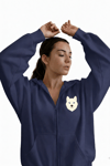 Kadın Beyaz Husky Baskılı Oversize Fermuarlı Hoodie