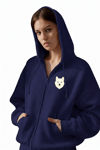 Kadın Beyaz Husky Baskılı Oversize Fermuarlı Hoodie
