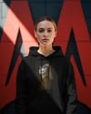 Kadın İnci Küpeli Kedi Baskılı Siyah Hoodie – 3 İplik Şardonlu Kapüşonlu Sweatshirt
