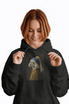 Kadın İnci Küpeli Köpek Baskılı Siyah Hoodie – 3 İplik Şardonlu Kapüşonlu Sweatshirt