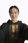 Kadın Mona Lisa Husky Baskılı Siyah Hoodie – 3 İplik Şardonlu Kapüşonlu Sweatshirt