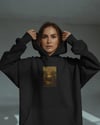 Kadın Mona Lisa Kedi Baskılı Siyah Hoodie – 3 İplik Şardonlu Kapüşonlu Sweatshirt