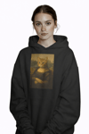 Kadın Mona Lisa Kedi Baskılı Siyah Hoodie – 3 İplik Şardonlu Kapüşonlu Sweatshirt