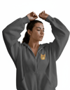 Kadın Sarman Kedi Baskılı Tam Boy Fermuarlı Oversize Hoodie