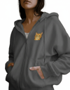 Kadın Sarman Kedi Baskılı Tam Boy Fermuarlı Oversize Hoodie