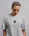 Kadın Siyah Kedi Baskılı Oversize Tişört – Minimal Black Cat Tasarım