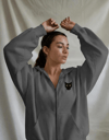 Kadın Siyah Kedi Baskılı Tam Boy Fermuarlı Oversize Hoodie