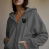 Kadın Siyah Kedi Baskılı Tam Boy Fermuarlı Oversize Hoodie