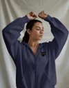 Kadın Siyah Kedi Baskılı Tam Boy Fermuarlı Oversize Hoodie