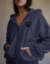 Kadın Siyah Kedi Baskılı Tam Boy Fermuarlı Oversize Hoodie