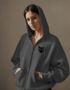 Kadın Siyah Kedi Baskılı Tam Boy Fermuarlı Oversize Hoodie