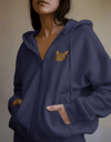 Kadın Tekir Kedisi Baskılı Tam Boy Fermuarlı Oversize Hoodie