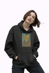 Kadın Van Gogh Kedi Portresi Baskılı Siyah Hoodie – 3 İplik Şardonlu Kapüşonlu Sweatshirt