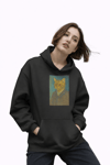 Kadın Van Gogh Kedi Portresi Baskılı Siyah Hoodie – 3 İplik Şardonlu Kapüşonlu Sweatshirt