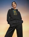 Kadın Van Gogh Kedi Portresi Baskılı Siyah Hoodie – 3 İplik Şardonlu Kapüşonlu Sweatshirt