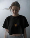 Minimal Bengal Kedi Baskılı Siyah Crop Tişört Kadın Oversize Rahat Kalıp