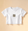 Minimal British Longhair Kedi Baskılı Beyaz Crop Tişört Kadın Rahat Kalıp