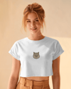 Minimal British Longhair Kedi Baskılı Beyaz Crop Tişört Kadın Rahat Kalıp
