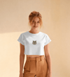 Minimal British Longhair Kedi Baskılı Beyaz Crop Tişört Kadın Rahat Kalıp