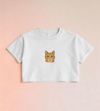 Minimal Sarman Kedi Baskılı Beyaz Crop Tişört Kadın Rahat Kalıp