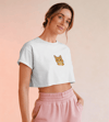 Minimal Sarman Kedi Baskılı Beyaz Crop Tişört Kadın Rahat Kalıp