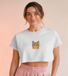 Minimal Sarman Kedi Baskılı Beyaz Crop Tişört Kadın Rahat Kalıp