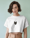 Minimal Siyah Kedi Baskılı Beyaz Crop Tişört Kadın Rahat Kalıp