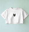 Minimal Siyah Kedi Baskılı Beyaz Crop Tişört Kadın Rahat Kalıp
