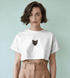 Minimal Siyah Kedi Baskılı Beyaz Crop Tişört Kadın Rahat Kalıp