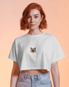 Minimal Siyam Kedi Baskılı Beyaz Crop Tişört Kadın Rahat Kalıp