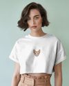 Minimal Sphynx Kedi Baskılı Beyaz Crop Tişört Kadın Rahat Kalıp