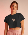 Minimal Sphynx Kedi Baskılı Beyaz Crop Tişört Kadın Rahat Kalıp