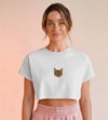 Minimal Tekir Kedi Baskılı Beyaz Crop Tişört Kadın Rahat Kalıp