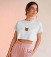 Minimal Tekir Kedi Baskılı Beyaz Crop Tişört Kadın Rahat Kalıp