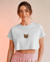 Minimal Tekir Kedi Baskılı Beyaz Crop Tişört Kadın Rahat Kalıp