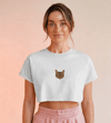 Minimal Tekir Kedi Baskılı Beyaz Crop Tişört Kadın Rahat Kalıp