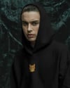 Turuncu Tekir Kedili Hoodie Unisex %100 Pamuk | Siyah Kapüşonlu Sweatshirt Göğüs Ortası Minimal Logo