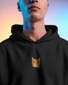 Turuncu Tekir Kedili Hoodie Unisex %100 Pamuk | Siyah Kapüşonlu Sweatshirt Göğüs Ortası Minimal Logo