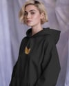 Turuncu Tekir Kedili Hoodie Unisex %100 Pamuk | Siyah Kapüşonlu Sweatshirt Göğüs Ortası Minimal Logo