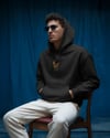 Turuncu Tekir Kedili Hoodie Unisex %100 Pamuk | Siyah Kapüşonlu Sweatshirt Göğüs Ortası Logolu