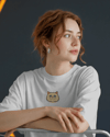 Uzun Tüylü Kedi Baskılı Kadın Oversize Tişört – Minimal Fluffy Cat Tasarım