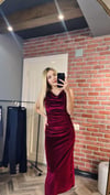 Bordo Kadife Kolsuz Midi Elbise