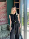 crop üst ile kemer detaylı yuksek bel pantolon