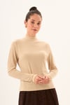 Bej Rengi Likralı Slim Fit Yarım Balıkçı Yaka Yumuşak Dokulu Uzun Kollu Body