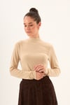 Bej Rengi Likralı Slim Fit Yarım Balıkçı Yaka Yumuşak Dokulu Uzun Kollu Body