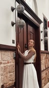 Beyaz Fitilli Kadife Viola Elbise